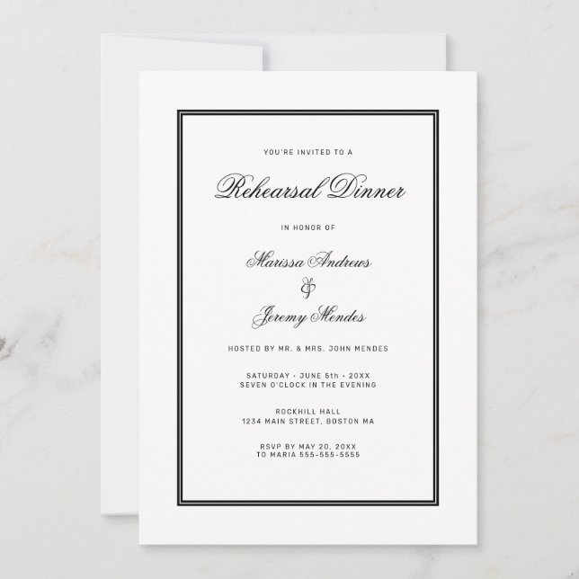 Convite Janto de ensaio Elegante White Black Script (Frente)