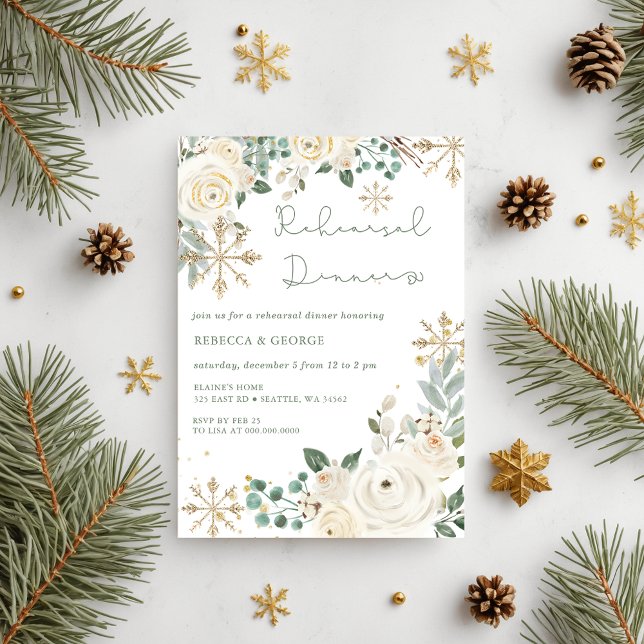 Convite Janto de ensaio em flocos de neve de inverno de Na (Christmas Winter Snowflake Rehearsal Dinner Invitation)