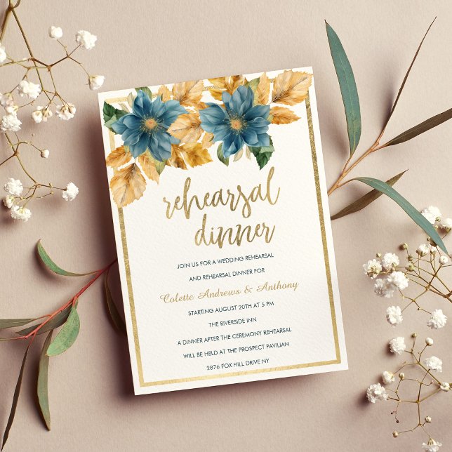 Convite Janto de ensaio floral azul-marinho-ouro-Glam (Glam gold navy blue green floral Rehearsal Dinner)