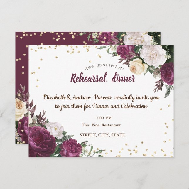 Convite Janto de Ensaio Floral Burgundy de Ouros Dourados (Frente/Verso)