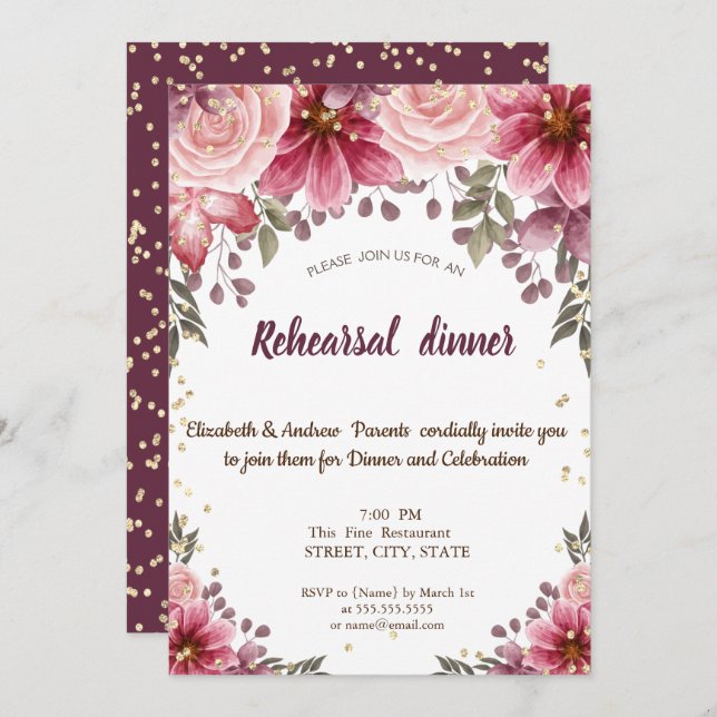 Convite Janto de Ensaio Floral Burgundy de Ouros Dourados (Frente/Verso)