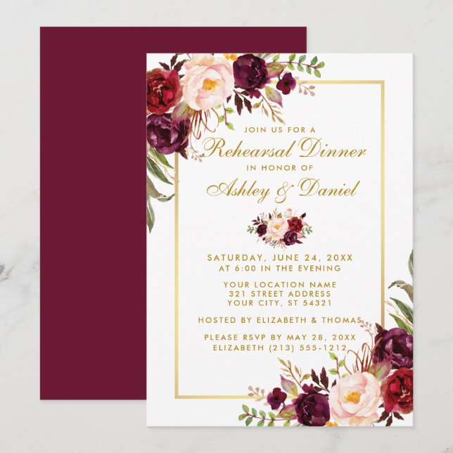 Convite Janto de Ensaio Floral da Watercolor Burgundy Dour (Frente/Verso)