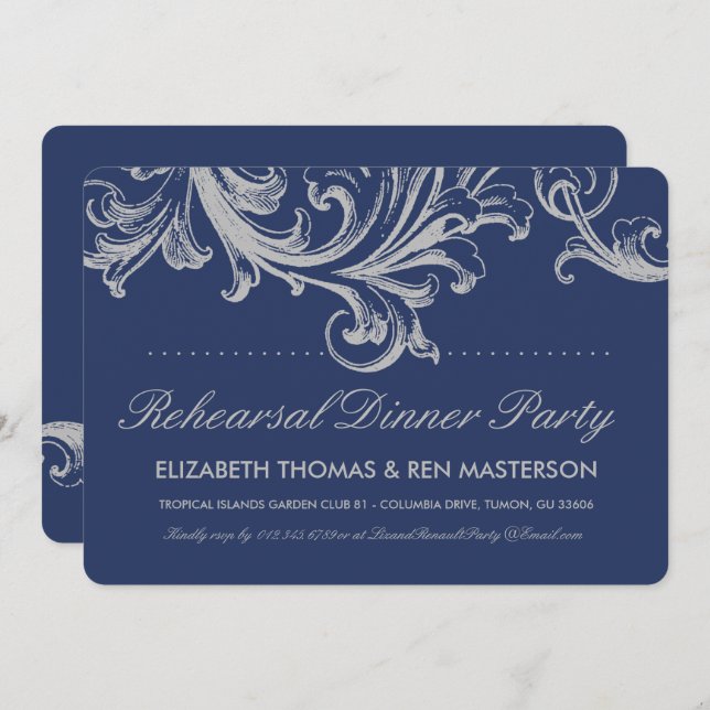 Convite Janto de Ensaio Floral de Azul e Cinza Antiquado (Frente/Verso)