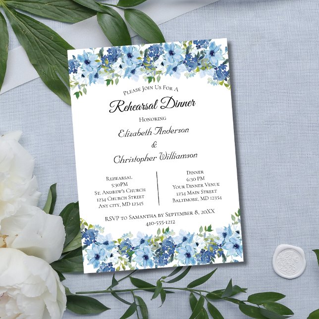 Convite Janto de Ensaio Floral de Boho Verde Azul (Blue Watercolor Floral Wedding Rehearsal Dinner Invitation. Printed or Digital Instant download)