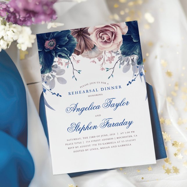 Convite Janto de Ensaio Floral de marinho Azul e Mauve (Navy Blue and Mauve Rehearsal Dinner Invitation)