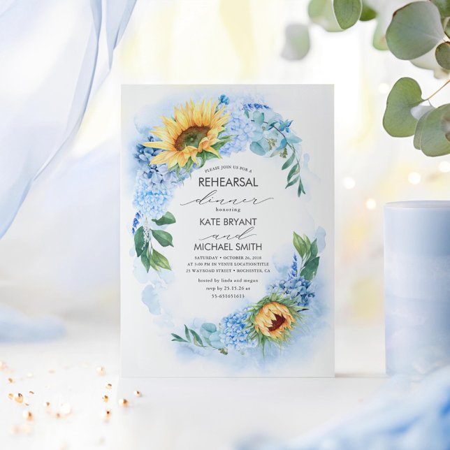 Convite Janto de Ensaio Floral de Sunflower Dusty Blue (Dusty Blue and Yellow Rehearsal Dinner Invitations)