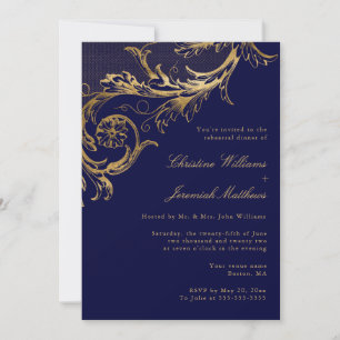 Convite Janto de ensaio Floral Dourado azul com Marinho de