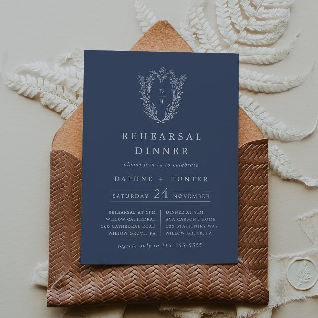 Convite Janto de Ensaio Floral Elegante Azul Escuro DAPHNE (DAPHNE Dark Blue Elegant Floral Rehearsal Dinner Invitation)