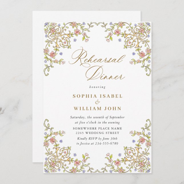 Convite Janto de ensaio Floral Grace Ornamentado Vitoriana (Frente/Verso)