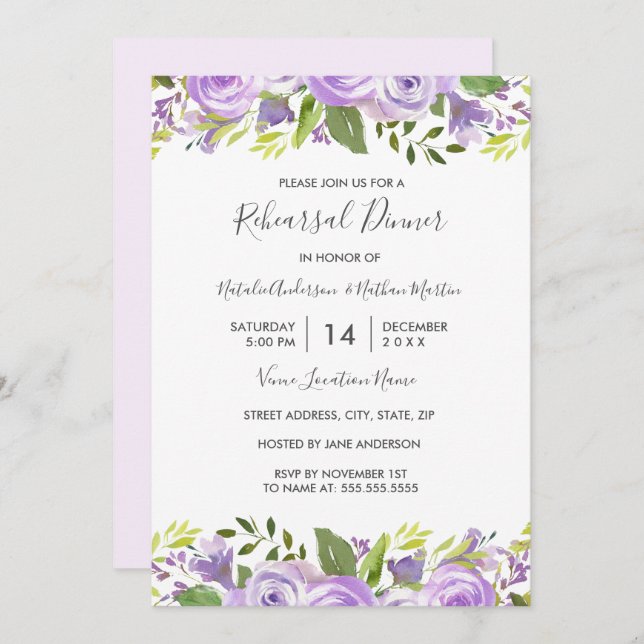 Convite Janto de Ensaio Floral Púrpura de Aquarela Elegant (Frente/Verso)