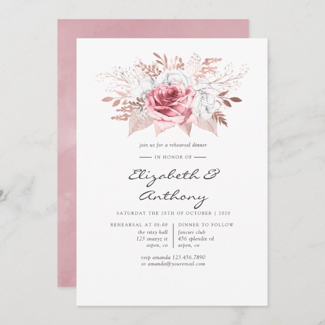Convite Janto de Ensaio Floral Rosa, Rosa e Rosa, (Frente/Verso)