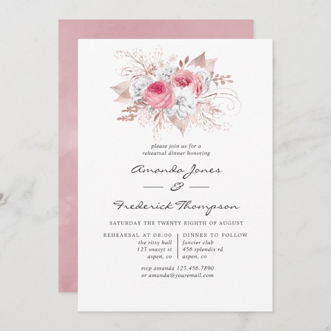 Convite Janto de Ensaio Floral Rosa, Rosa e Rosa, (Frente/Verso)