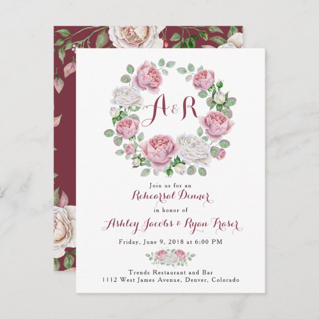 Convite Janto de Ensaio Floral Rosa Rosa-Rosa Burgundy (Frente/Verso)