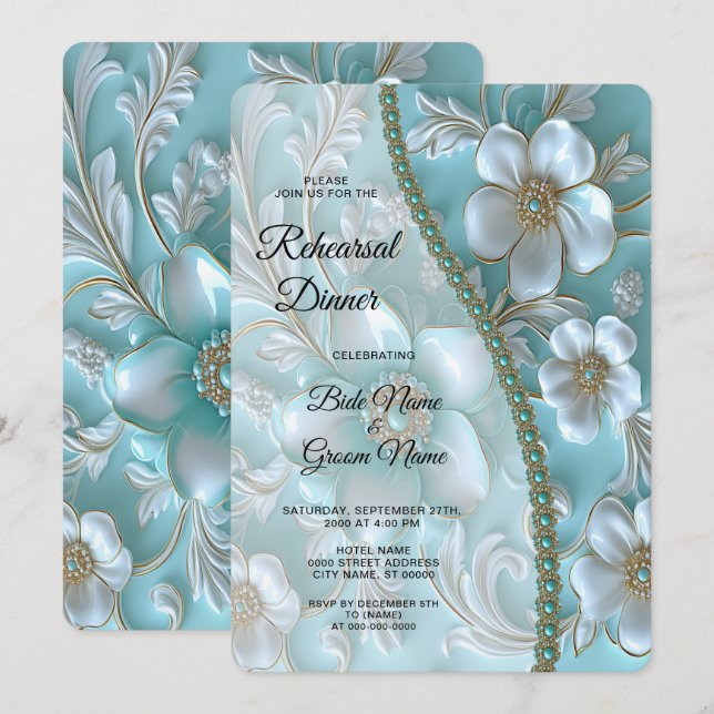Convite Janto de Ensaio Floral Teal White (Frente/Verso)
