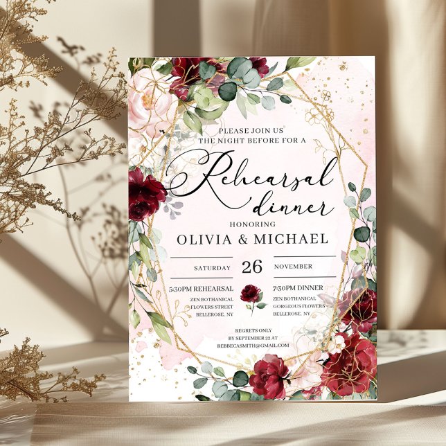 Convite Janto de ensaio geométrico do ouro floral da Borgo (Watercolor blush and burgundy roses eucalyptus and gold frame wedding rehearsal dinner invitation)