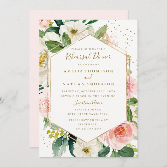 Convite Janto de ensaio geométrico Dourado rosa (Frente/Verso)