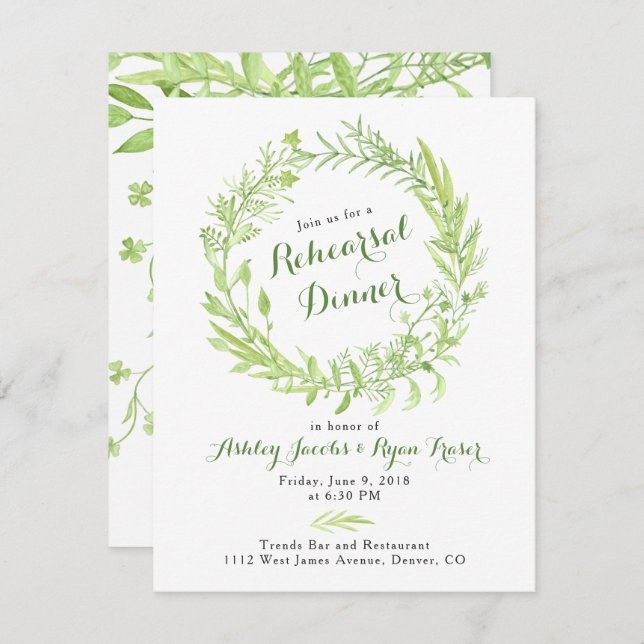 Convite Janto de ensaio Greenery Watercolo Wreath (Frente/Verso)