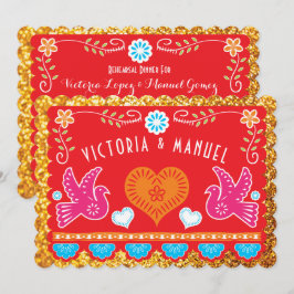 Convite Janto de ensaio mexicano Papel Picado Dourado Glit