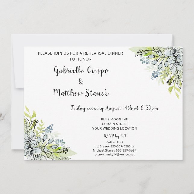 Convite Janto de Ensaio Moderno de Aquarela Azul Floral (Frente)