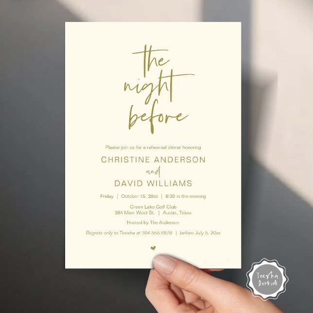 Convite Janto de ensaio moderno, na noite anterior ao conv (The Night Before, Modern Wedding Rehearsal Dinner, Celebration Invitation Card, in Classy Gold)