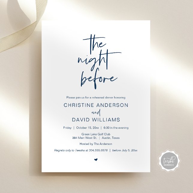 Convite Janto de ensaio moderno, na noite anterior ao conv (The Night Before, Modern Wedding Rehearsal Dinner, Celebration Invitation Card, in Navy Blue)