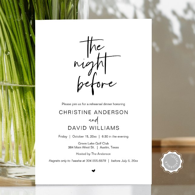 Convite Janto de ensaio moderno, na noite anterior ao conv (The Night Before, Modern Wedding Rehearsal Dinner, Celebration Invitation Card, in Black and White)