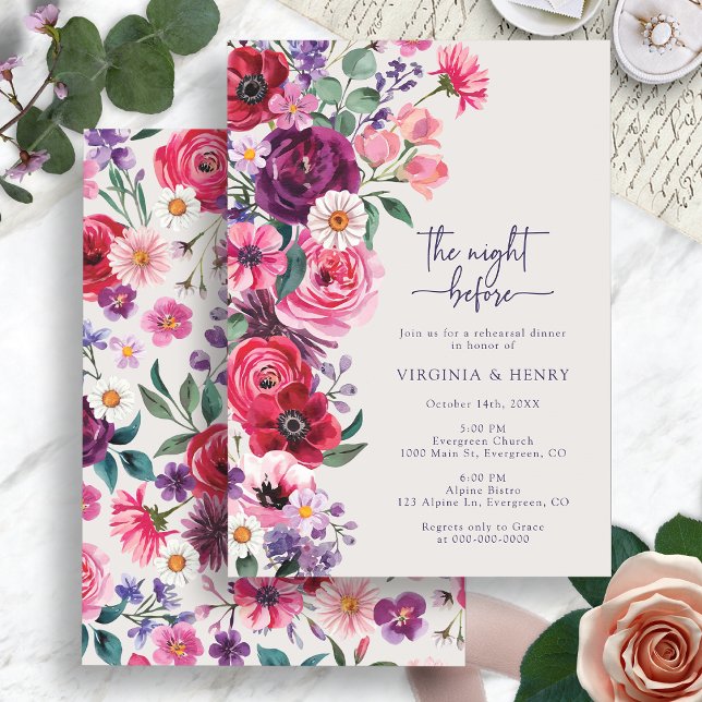 Convite Janto de ensaio oral colorido (Colorful Floral Watercolor Rehearsal Dinner Invitation by Painted Paperie
)