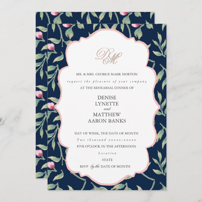 Convite Janto de ensaio Pink Azul-Noite Polar e Gossamer (Frente/Verso)