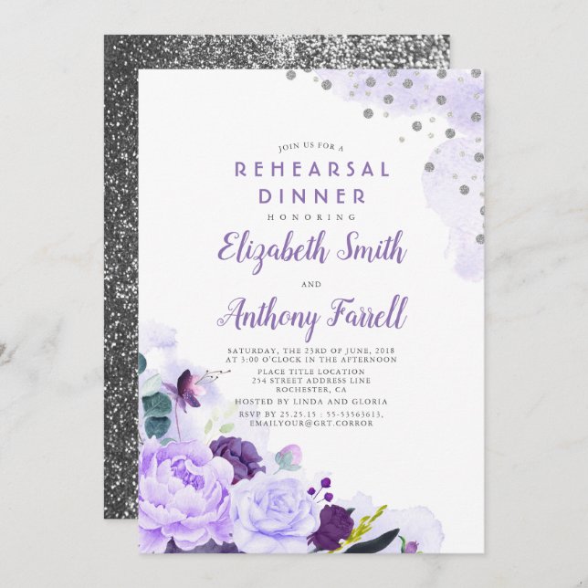 Convite Janto de Ensaio Romântico Floral de Púrpura e Prat (Frente/Verso)