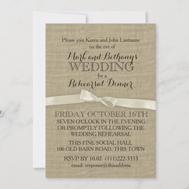 Convite Janto de Ensaio Rustic Burlap e White Arco (Frente)