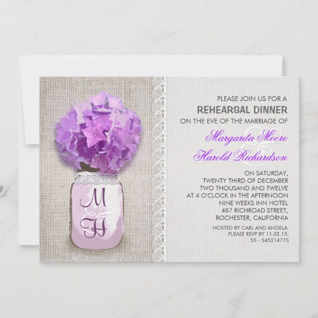 Convite Janto de Ensaio Rustic Burlap Mason Jar Purple (Frente)