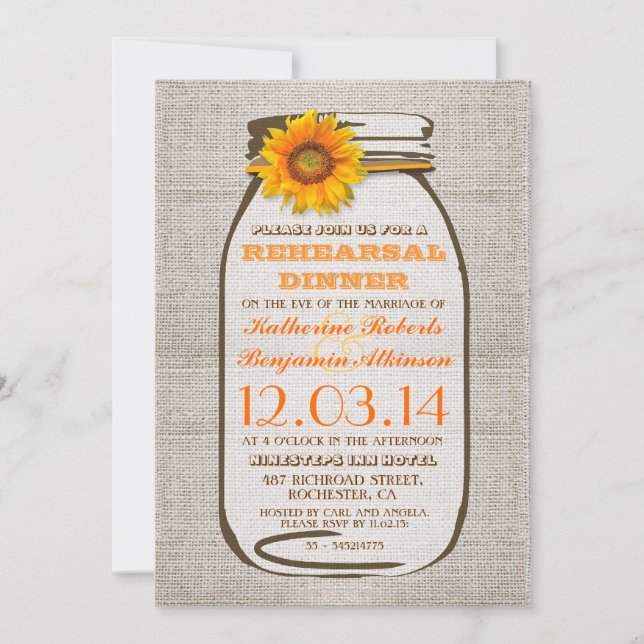 Convite Janto de Ensaio Rustic Burlap Mason Jar Sunflower (Frente)