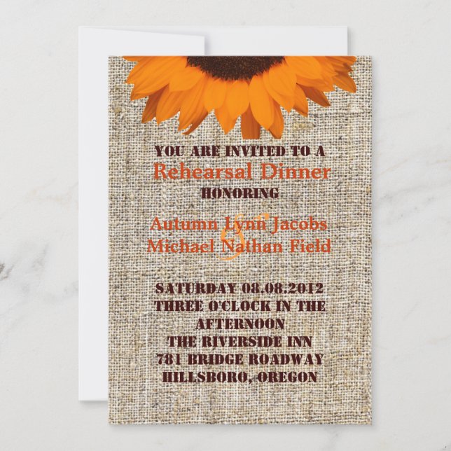 Convite janto de ensaio Rustic Burlap Sunflower Wedding (Frente)