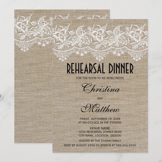 Convite Janto de ensaio Rustic Jute and Lace (Frente/Verso)