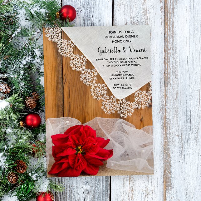 Convite Janto de ensaio Rustic Poinsettia Lace Winter (Set a wintery tone for your rustic December wedding rehearsal dinner with this charming invitation.)