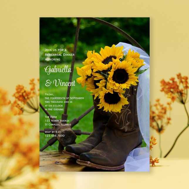 Convite Janto de ensaio Rustic Sunflower Cowboy Boots (Criador carregado)