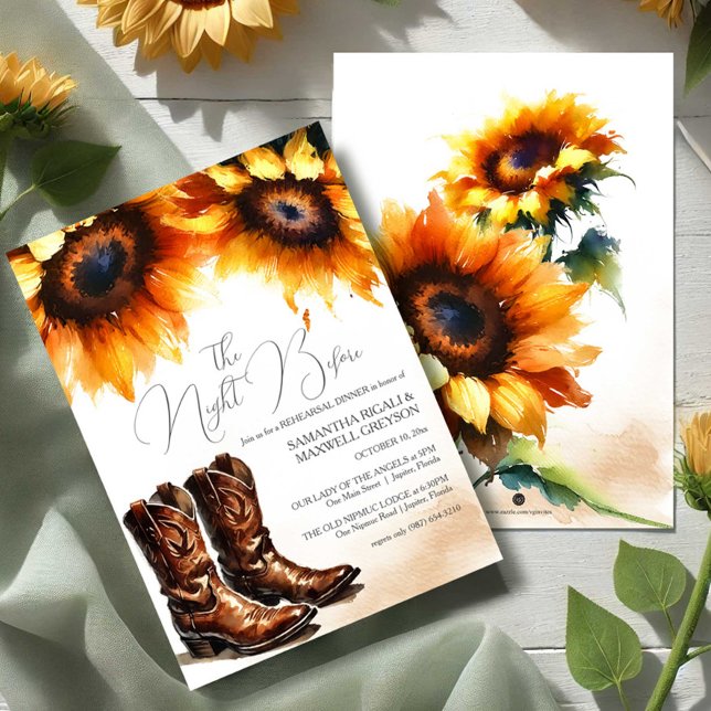 Convite Janto de Ensaio Rustic Watercolor Country (Country sunflower rehearsal dinner invitations with cowboy boots.)