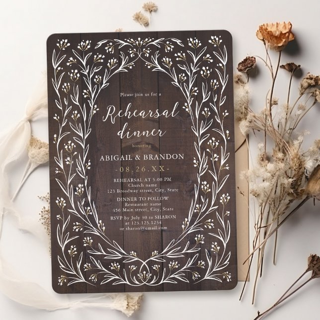 Convite Janto de Ensaio Rustic Wood Boho Floral (Rustic Wood Boho Floral Country Rehearsal Dinner Invitation)