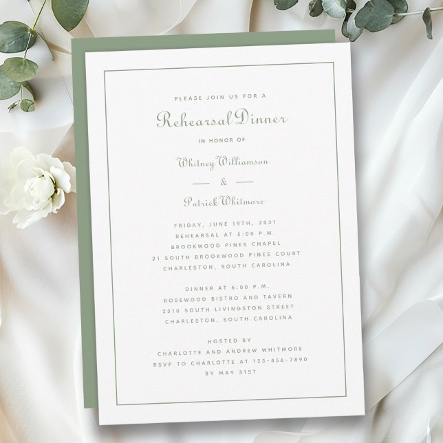 Convite Janto de ensaio: Sage Green Elegant Script (Rehearsal Dinner Wedding Sage Green Elegant Script Invitation)