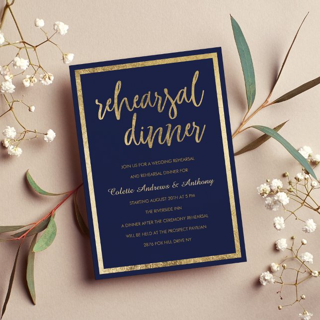 Convite Janto de ensaio simples elegante de ouro azul mari (Simple elegant navy blue gold Rehearsal Dinner )