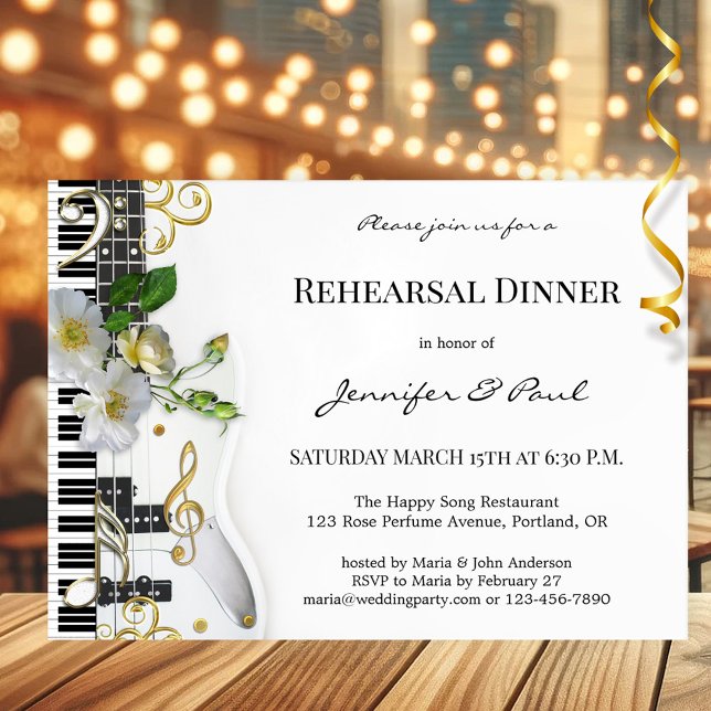 Convite Janto de ensaio sobre música elegante (Rehearsal dinner invitation with a music theme with guitar, keyboard, gold stylized musical notes)