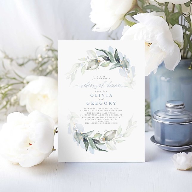 Convite Janto de ensaio sobre o Elegante Verde Dusty Blue (Rehearsal Dinner Dusty Blue Greenery Invitation)