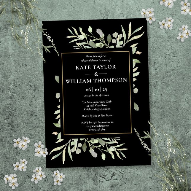Convite Janto De Ensaio Sobre O Verde Preto E Dourado (Black And Gold Greenery Rehearsal Dinner Invitation)