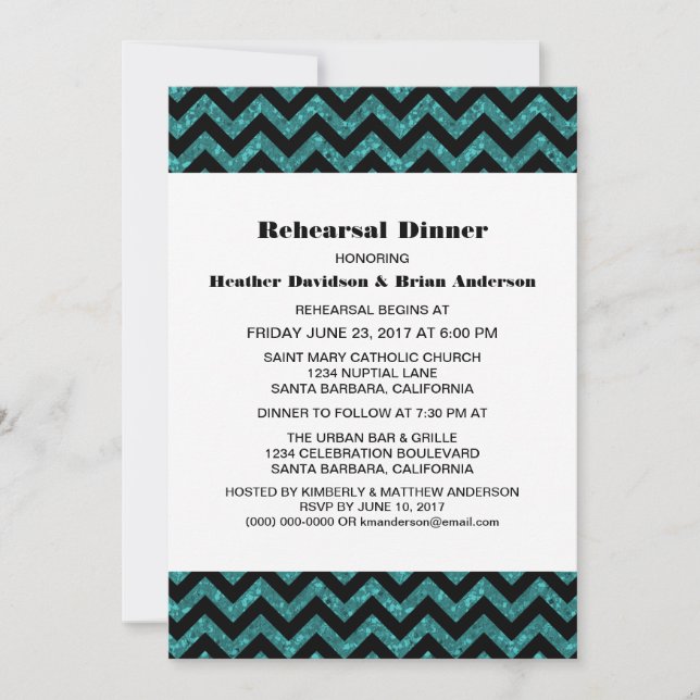 Convite Janto de Ensaio Turquoise Chevron Glitter Convidad (Frente)