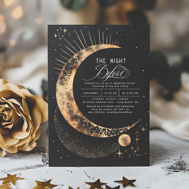 Convite Janto de Ensaios da Noite Celestial das Estrelas (Starry Night Magical Rehearsal Dinner Invitations in Black)