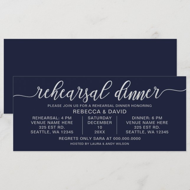 Convite Janto de Ensaios de Caligrafia em marinho e Prata (Frente/Verso)