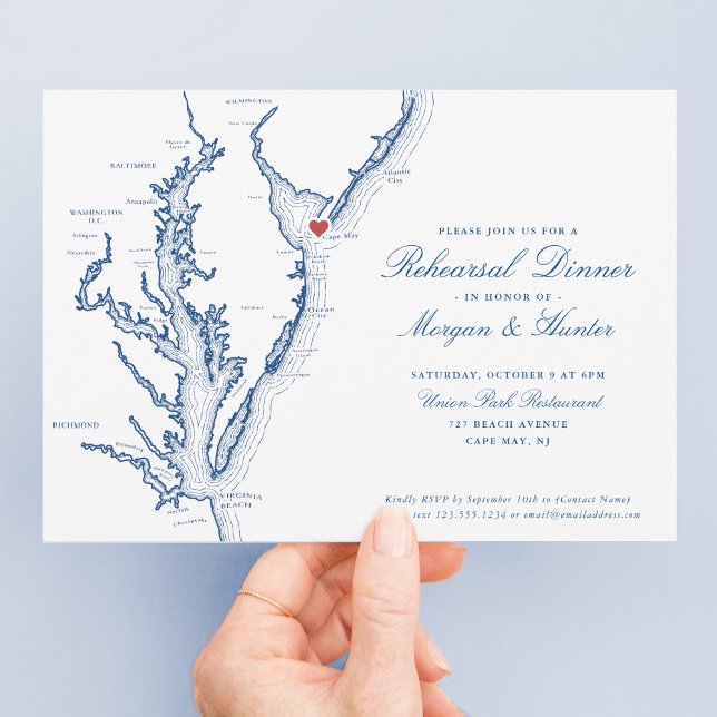 Convite Janto de Ensaios de Casamento Elegante do Cabo de  (Elegant Cape May New Jersey Wedding Rehearsal Dinner Invitations with navy blue Jersey Shore map)