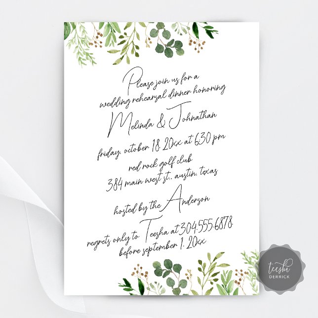 Convite Janto de Ensaios de Casamento, Verde Moderno (Wedding Rehearsal Dinner party, Modern Greenery Invitation Card, Digital Download)