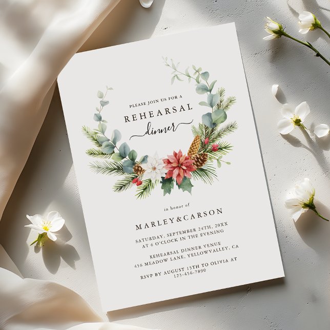 Convite Janto de Ensaios de Casamento Verde Wreath Evergre (Criador carregado)