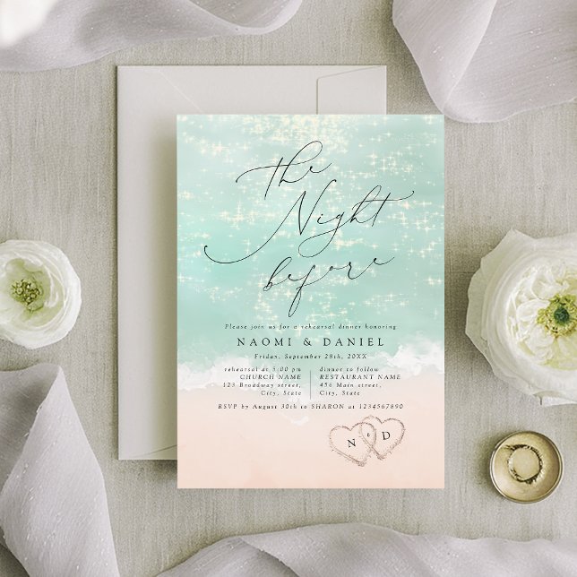 Convite Janto de Ensaios de Praia do Sand Hearts de Script (Modern Script Sand Hearts Beach Rehearsal Dinner Invitation)